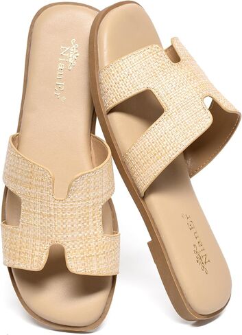 NianEr Womens Microfiber Leather Comfort Foam Support H Sandals Square Toe Dress Dressy Slip On Casual Cute Comfort Bride Bridal Wedding Designer Date Flat Sandals Summer Shoes Slides in Saudi Arabia