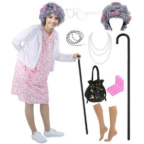 Old Lady Costume for Women Adult 100 Days of School Costume Grandma Costumes Dress Up Accessories for Halloween in Kuwait