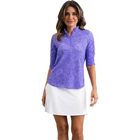 IBKUL Athleisure Wear Sun Protective UPF 50+ Icefil Cooling-Annie Ruched Elbow Sleeve Mandarin Collar Top in Saudi Arabia