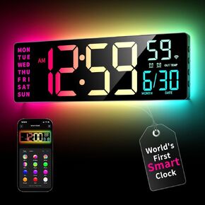Smart Digital Wall Clock with App Control, 16.5" Large RGBIC Wall Clock with Multiple DIY Color and Music Sync, LED Display, Auto DST, Plug-in Clocks for Classroom Home Gym Gaming in Kuwait