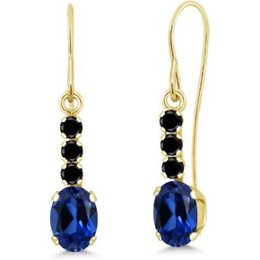 Gem Stone King 10K Yellow Gold Blue Created Sapphire and Black Diamond Drop Dangle Earrings For Women (1.56 Cttw, Gemstone September Birthstone, Oval 6X4MM) in Saudi Arabia
