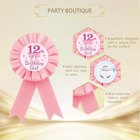 Pink Bow It's My 12th Birthday Tinplate Badge Pin, Pink Rosette 12th Birthday Girl Button Pin, Coquette Bow Eleven Award Ribbon Brooch Party Supplies in Saudi Arabia