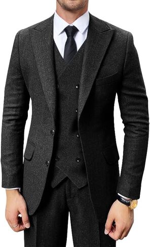 Retro 3 Piece Suit for Men Herringbone Tweed Suit Men Tuxedo Wool Jacket Blazer Vest Pants Set for Prom Groom Wedding in Saudi Arabia