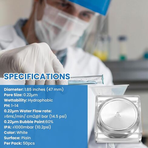 مرشح قرصي بغشاء AMTAST PTFE، كاره للماء، قطر 47 مم، حجم المسام 0.22 ميكرومتر (عبوة من 50) in Kuwait