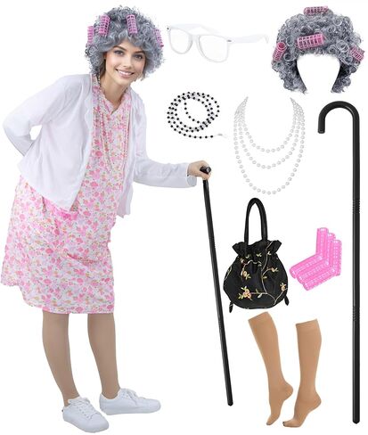 زي السيدة العجوز للنساء البالغات لمدة 100 يوم من زي المدرسة، أزياء الجدة، وإكسسوارات الهالوين in Kuwait