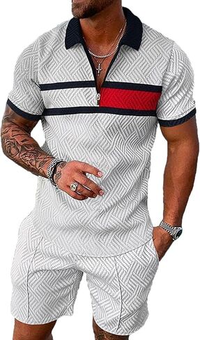 Men Track Suits 2 Piece Set Summer Casual Outfits Fashion Polo Shirts Short Sleeve and Shorts Set Vacation Clothes in Kuwait