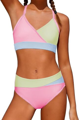 Century Star Teen Girl Swimsuit Two Piece - Color Block Bikini Adjustable Straps Bathing Suit Padded Swimwear in Saudi Arabia