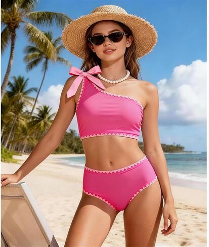 Girls Swimsuit 2 Piece Bathing Suit Bow One-Shoulder Swimsuit Top & Shorts Bikini Set Teen Girls' Swimwear in Saudi Arabia