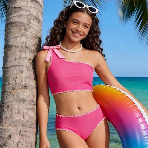 Girls Swimsuit 2 Piece Bathing Suit Bow One-Shoulder Swimsuit Top & Shorts Bikini Set Teen Girls' Swimwear in Saudi Arabia