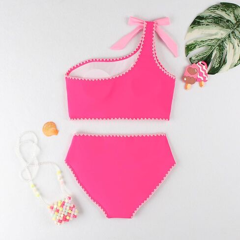 Girls Swimsuit 2 Piece Bathing Suit Bow One-Shoulder Swimsuit Top & Shorts Bikini Set Teen Girls' Swimwear in Saudi Arabia