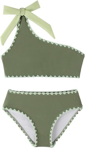 Girls Swimsuit 2 Piece Bathing Suit Bow One-Shoulder Swimsuit Top & Shorts Bikini Set Teen Girls' Swimwear in Saudi Arabia