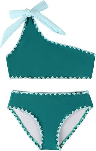 Girls Swimsuit 2 Piece Bathing Suit Bow One-Shoulder Swimsuit Top & Shorts Bikini Set Teen Girls' Swimwear in Saudi Arabia