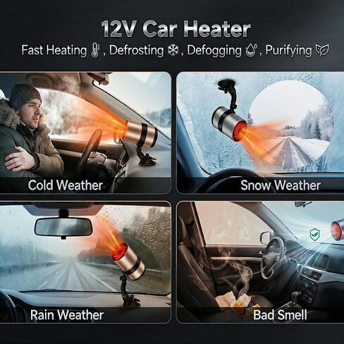 Portable Car Heater, 12V Car Heater for Vehicle, Plugs into Cigarette Lighter, Windshield Defroster&Defogger, 2-in-1 Fast Heating & Cooling Fan, Suction Holder, 2026 Upgraded Air Purified&Fuse Safety in Saudi Arabia