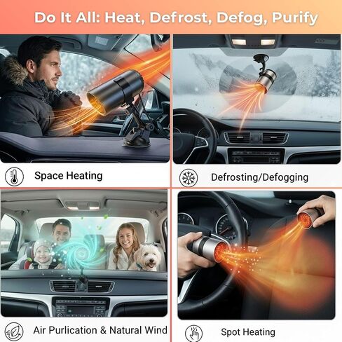 Portable Car Heater, 12V Car Heater for Vehicle, Plugs into Cigarette Lighter, Windshield Defroster&Defogger, 2-in-1 Fast Heating & Cooling Fan, Suction Holder, 2026 Upgraded Air Purified&Fuse Safety in Saudi Arabia