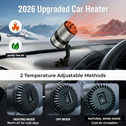 Portable Car Heater, 12V Car Heater for Vehicle, Plugs into Cigarette Lighter, Windshield Defroster&Defogger, 2-in-1 Fast Heating & Cooling Fan, Suction Holder, 2026 Upgraded Air Purified&Fuse Safety in Saudi Arabia