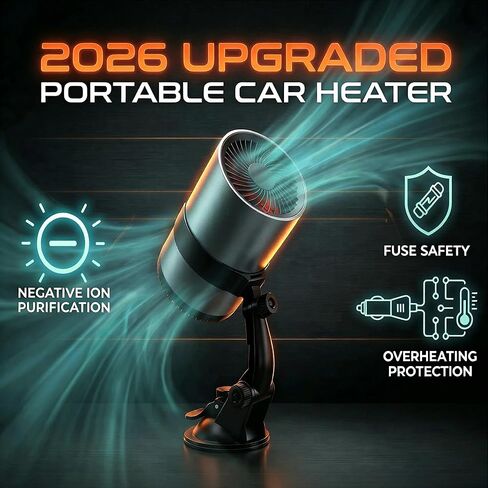 Portable Car Heater, 12V Car Heater for Vehicle, Plugs into Cigarette Lighter, Windshield Defroster&Defogger, 2-in-1 Fast Heating & Cooling Fan, Suction Holder, 2026 Upgraded Air Purified&Fuse Safety in Saudi Arabia