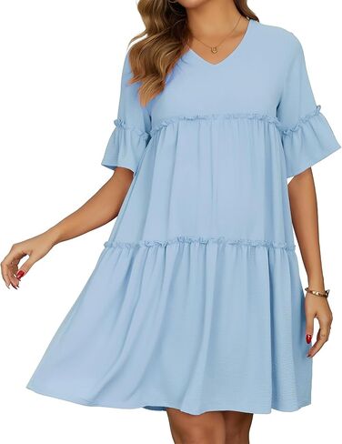 فستان حمل نسائي مكشكش بأكمام قصيرة متدرج بيبي دول سوينغ فضفاض مناسب فساتين الحمل التقطت الصور للصيف in Kuwait