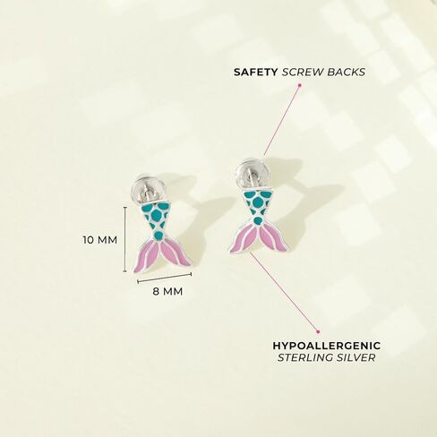 925 Sterling Silver Fun Enamel Mermaid Tail Safety Screw Back Earrings For Little Girls - Vibrant Enamel Mermaid Screwbacks For Children - Girls Ocean Life Jewelry in Saudi Arabia