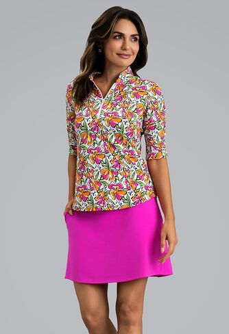 IBKUL UPF 50+ Sun Protection, Icefil Cooling, Moisture-Wicking Sonia Ruched Elbow Sleeve Mandarin Collar Top in Saudi Arabia