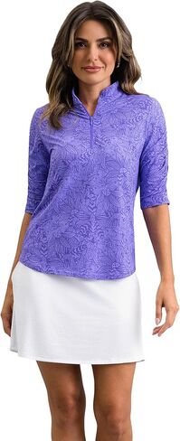 IBKUL Athleisure Wear Sun Protective UPF 50+ Icefil Cooling-Annie Ruched Elbow Sleeve Mandarin Collar Top in Saudi Arabia