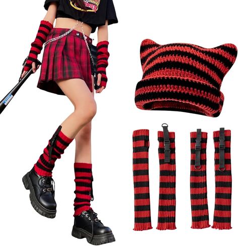 Therian Stuff Cat Ear Beanie Knitted Striped Arm Warmers Leg Warmers Y2k Emo Grunge Accessories in Kuwait