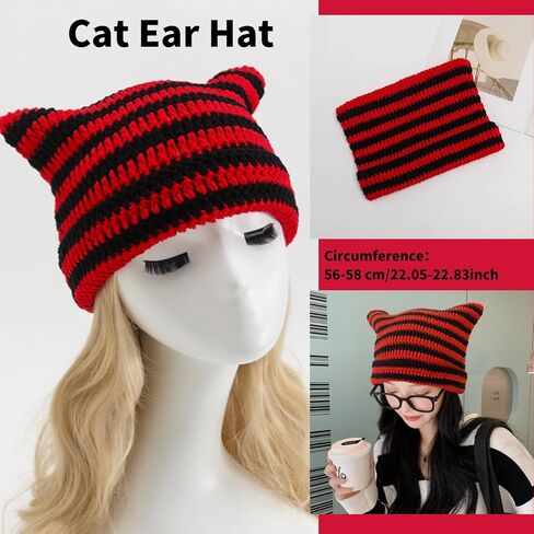 Therian Stuff Cat Ear Beanie Knitted Striped Arm Warmers Leg Warmers Y2k Emo Grunge Accessories in Kuwait