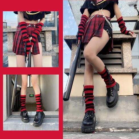 Therian Stuff Cat Ear Beanie Knitted Striped Arm Warmers Leg Warmers Y2k Emo Grunge Accessories in Saudi Arabia