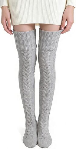 YOMORIO Women's Cable Knitted Thigh High Boot Socks Extra Long Winter Stockings Over Knee Leg Warmers Grey in Saudi Arabia