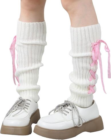 Teaaha Leg Warmers with Bows, 80s White Leg Warmer Socks, Rib Knit Boot Socks Y2K Style Cute Cream Legs Warmers for Women, Girls in Saudi Arabia