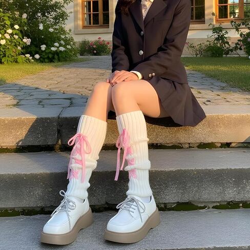 Teaaha Leg Warmers with Bows, 80s White Leg Warmer Socks, Rib Knit Boot Socks Y2K Style Cute Cream Legs Warmers for Women, Girls in Saudi Arabia