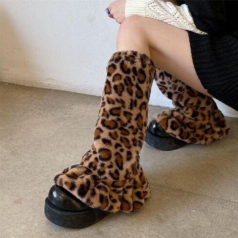 Leopard Print Fuzzy Leg Warmers for Women Y2K Kawaii Fluffy Faux Fur Long Boot Cuffs Covers Harajuku Ruffle Cheetah Print Furry Footless Socks for Halloween Cosplay Party Daily Winter Outfit in Saudi Arabia