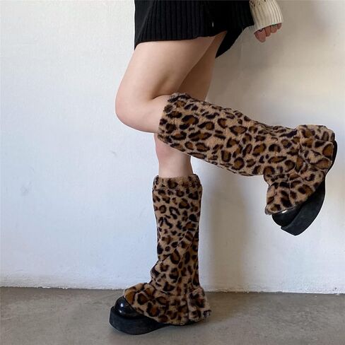 Leopard Print Fuzzy Leg Warmers for Women Y2K Kawaii Fluffy Faux Fur Long Boot Cuffs Covers Harajuku Ruffle Cheetah Print Furry Footless Socks for Halloween Cosplay Party Daily Winter Outfit in Saudi Arabia