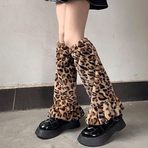 Leopard Print Fuzzy Leg Warmers for Women Y2K Kawaii Fluffy Faux Fur Long Boot Cuffs Covers Harajuku Ruffle Cheetah Print Furry Footless Socks for Halloween Cosplay Party Daily Winter Outfit in Saudi Arabia