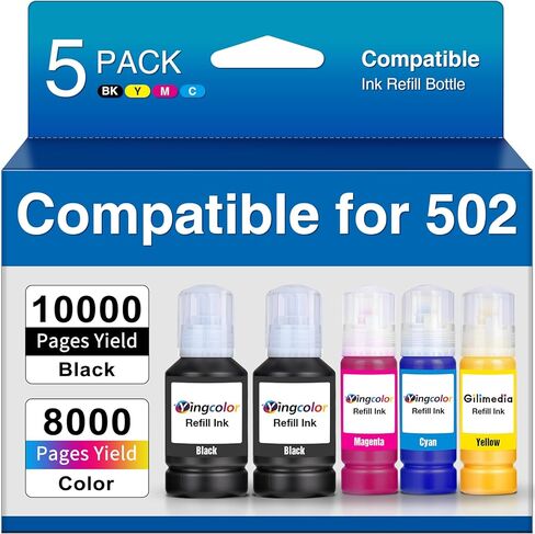 Remanufactured Ink Replacements for Epson 502 Ink Refill Bottles Work with EcoTank ET-2760 ET-2850 ET-3850 ET-3760 ET2760 ET2750 ET2700 ET-4760 ET-3710 ET-3850 ET-3750 ET-4850 ET4750 Printer(5 Pack) in Saudi Arabia