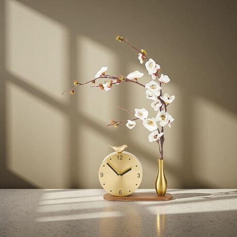 ساعة رف نحاسية فنية زهرية - ساعة طاولة صامتة أنيقة مع تصميم زهور، ديكور منزلي عتيق لغرفة المعيشة، ساعة ديكور نحاسية صلبة فاخرة in Kuwait