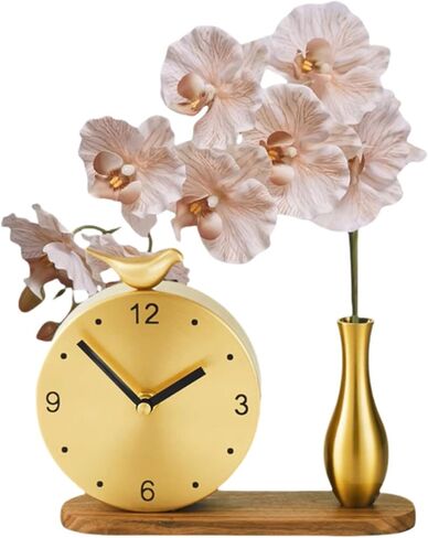 ساعة رف نحاسية فنية زهرية - ساعة طاولة صامتة أنيقة مع تصميم زهور، ديكور منزلي عتيق لغرفة المعيشة، ساعة ديكور نحاسية صلبة فاخرة in Kuwait