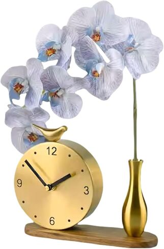 ساعة رف نحاسية فنية زهرية - ساعة طاولة صامتة أنيقة مع تصميم زهور، ديكور منزلي عتيق لغرفة المعيشة، ساعة ديكور نحاسية صلبة فاخرة in Kuwait