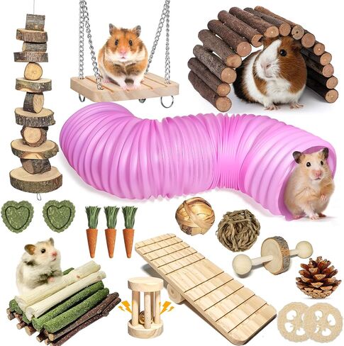 40 PCS Hamster Toys قم بتعيين ألعاب الخنازير في غينيا ، وملحقات قفص الهامستر مع النفق والجسر والقش الطبي الطبيعي والتفاح والخيزران لرعاية الإغاثة والأسنان للملل للشينشيلات ، و Gerbils ، والفئران in Kuwait