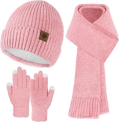 Pleneal Winter Chenille Hat Gloves Scarf Set for Women Men Warm Beanie Hats Touchscreen Gloves Thick Soft Scarf in Saudi Arabia