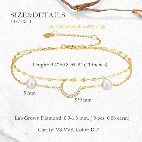 SISGEM خلخال من الذهب عيار 14 قيراط من Diamond Moon للنساء، أساور كاحل بطبقات من لؤلؤ المياه العذبة هدايا لها، 9.4-11 بوصة in Saudi Arabia