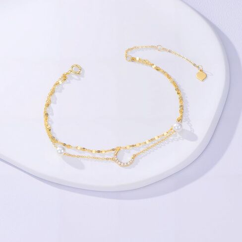 SISGEM خلخال من الذهب عيار 14 قيراط من Diamond Moon للنساء، أساور كاحل بطبقات من لؤلؤ المياه العذبة هدايا لها، 9.4-11 بوصة in Saudi Arabia
