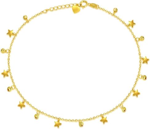 SISGEM 18K Real Gold Anklets for Women, Yellow Gold Dangling Star Beads Ankle Bracelet Christmas Anniversary Jewelry Gift for Her, 8"-9" in Saudi Arabia