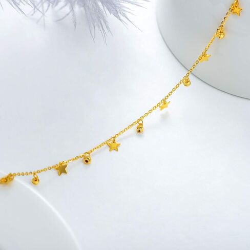SISGEM 18K Real Gold Anklets for Women, Yellow Gold Dangling Star Beads Ankle Bracelet Christmas Anniversary Jewelry Gift for Her, 8"-9" in Saudi Arabia