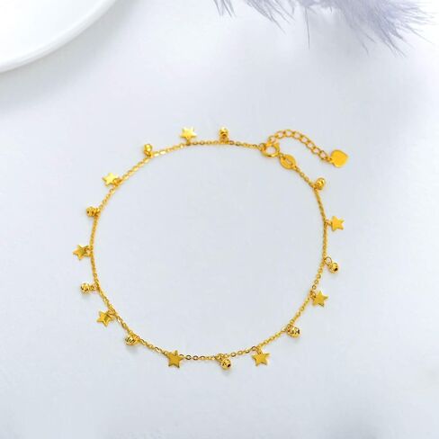 SISGEM 18K Real Gold Anklets for Women, Yellow Gold Dangling Star Beads Ankle Bracelet Christmas Anniversary Jewelry Gift for Her, 8"-9" in Saudi Arabia