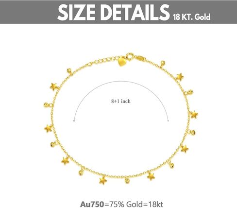 SISGEM 18K Real Gold Anklets for Women, Yellow Gold Dangling Star Beads Ankle Bracelet Christmas Anniversary Jewelry Gift for Her, 8"-9" in Saudi Arabia