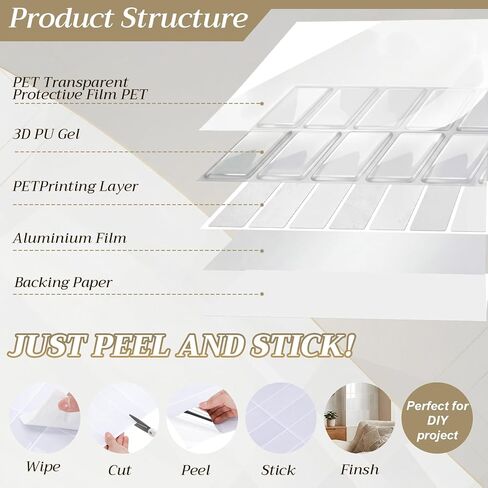 Novabright 10 Sheet Plain White Peel and Stick Backsplash Tile 12 x 12 in Rectangle Subway Self Adhesive Wall Tiles for Kitchen Wall Bathroom Countertops in Kuwait