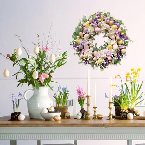 20 Inch Easter Eggs Hydrangea Flower Wreath for Front Door, Spring Summer Lamb Ear Eggs Floral Wreath with Berries for Indoor Outdoor, Easter Home Decor in Saudi Arabia