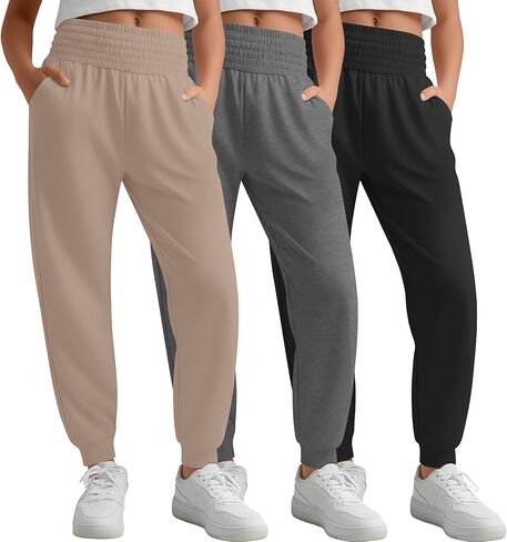 3 Pack Girls Sweatpants Joggers Lightweight Tapered High Elastic Waist Pants Casual Athletic Joggers with Pockets in Saudi Arabia
