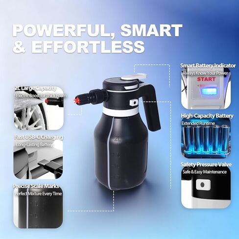 Electric Foam Sprayer for Thick Rich Foam, 2L Cordless Portable - Professional Pressurized Foam Cannon for Car Wash & Detailing, Rechargeable with Long Lasting Battery Black in Saudi Arabia