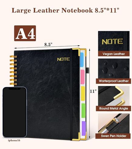 دفتر ملاحظات حلزوني كبير بغلاف مقوى مقاس 8.5 بوصة × 11 بوصة مع علامات تبويب فواصل قابلة للإزالة، 300 صفحة جلدية 5 موضوعات دفتر ملاحظات جامعي، مجلة A4 للنساء والرجال، دفاتر ملاحظات للعمل في مدرسة العمل، أسود in Kuwait